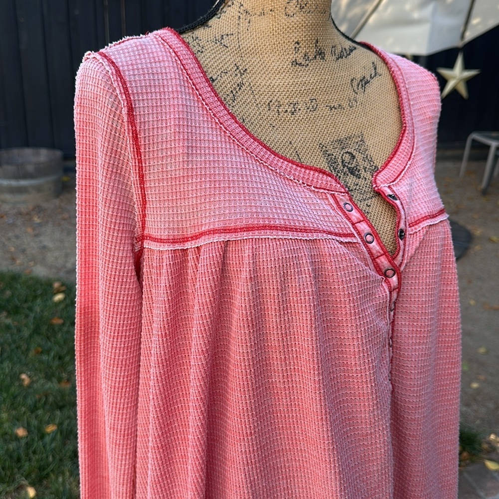 Free People Pink Waffle Knit Henley Top - Picture 2 of 9